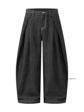 Pinstripe Barrel Jeans Pleated Wide Leg Cotton Blend High Rise Baggy Denim